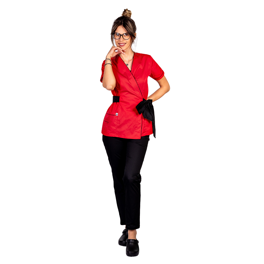 Halat medical kimono rosu cu paspol negru si cordon cu legare tip fundita 5