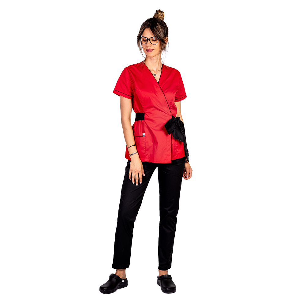 Costum medical kimono rosu cu paspol negru si cordon cu legare tip fundita  2