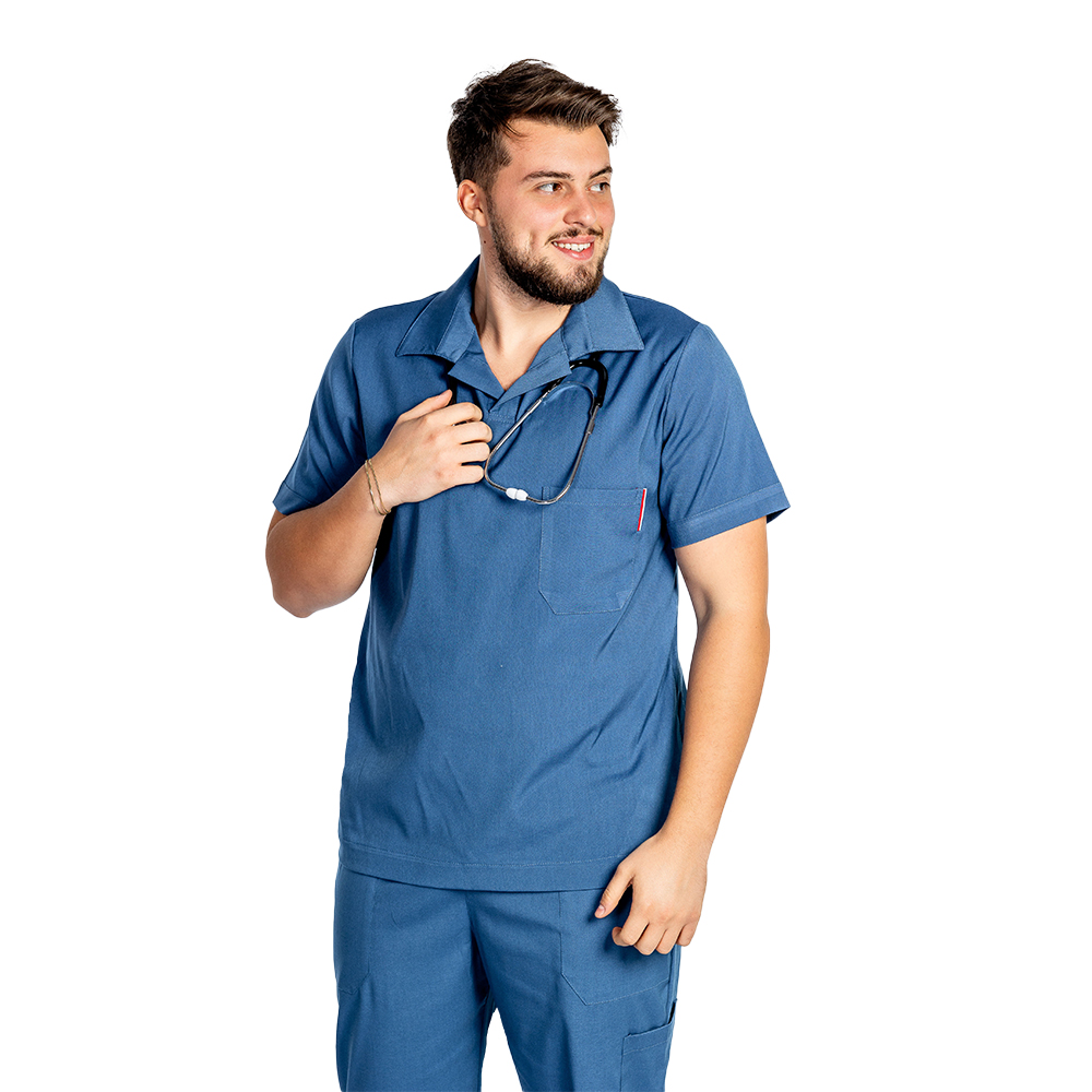 Costum medical stretch polo barbati jeans, cu bluza in V si pantaloni tip jogger, cu snur si elastic 4