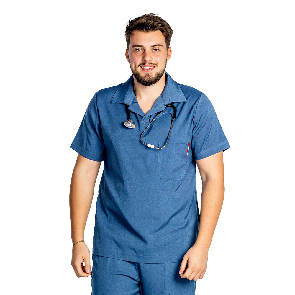 Costum medical stretch polo barbati jeans, cu bluza in V si pantaloni tip jogger, cu snur si elastic 5
