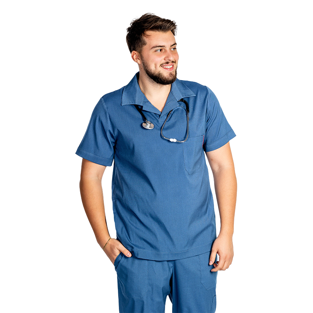 Costum medical stretch polo barbati jeans, cu bluza in V si pantaloni tip jogger, cu snur si elastic 2