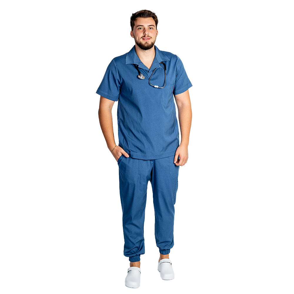 Costum medical stretch polo barbati jeans, cu bluza in V si pantaloni tip jogger, cu snur si elastic 3