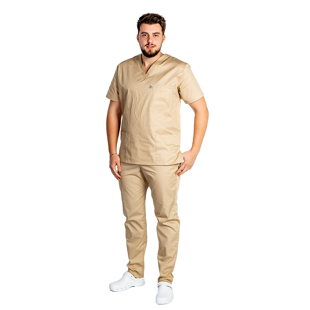 Costum medical barbati cu elastan culoare crem 3