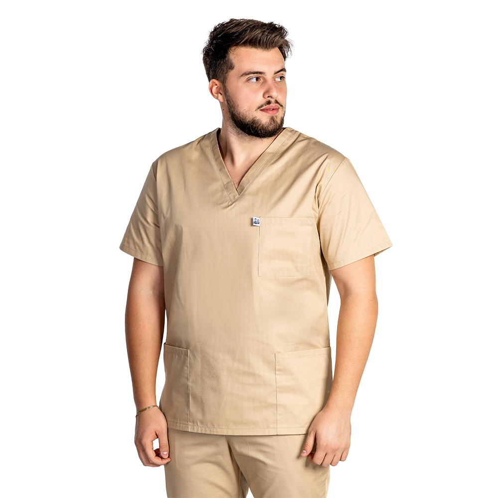 Costum medical barbati cu elastan culoare crem 2