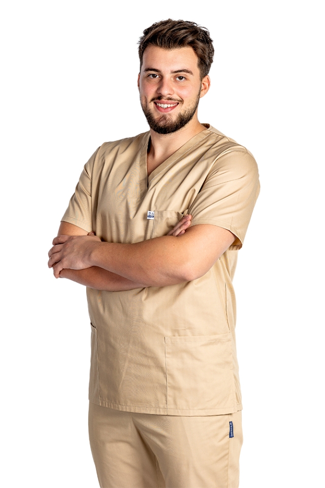 Halat medical cu elastan crem, barbati cu anchior in V si trei buzunare aplicate