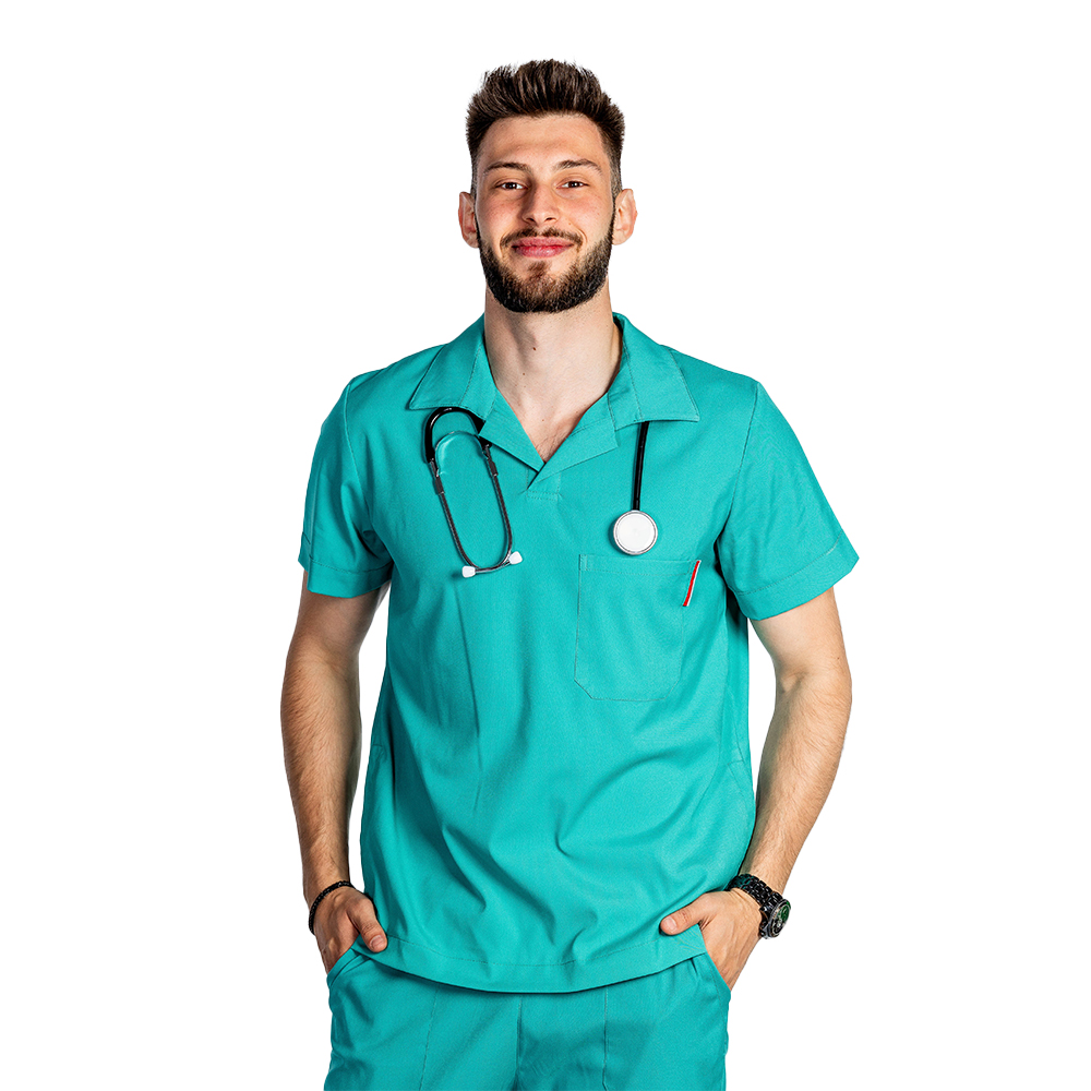 Costum medical stretch polo barbati verde turcoaz, cu bluza in V si pantaloni tip jogger, cu snur si elastic 4