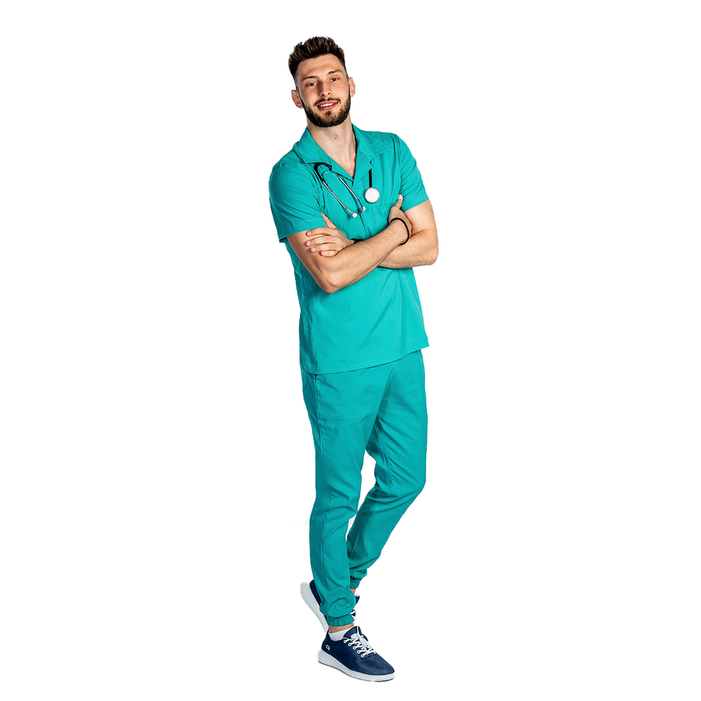 Costum medical stretch polo barbati verde turcoaz, cu bluza in V si pantaloni tip jogger, cu snur si elastic 2