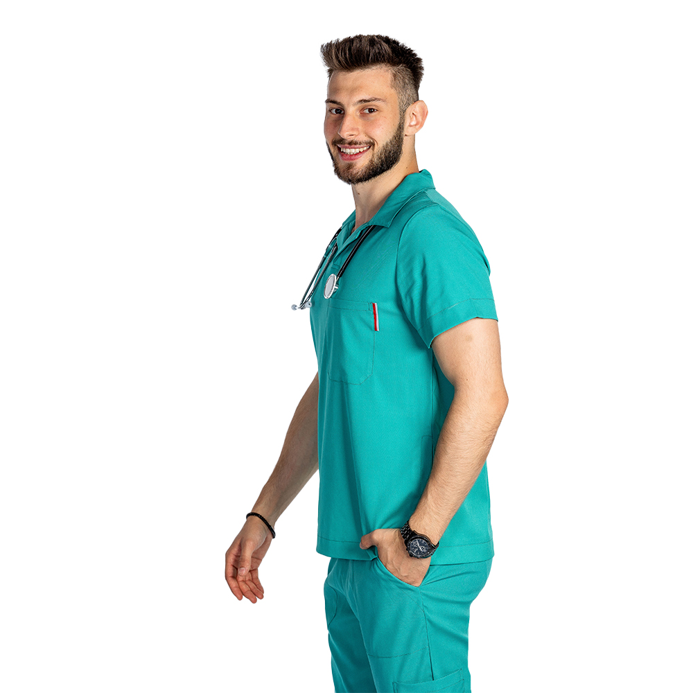 Costum medical stretch polo barbati verde turcoaz, cu bluza in V si pantaloni tip jogger, cu snur si elastic 5
