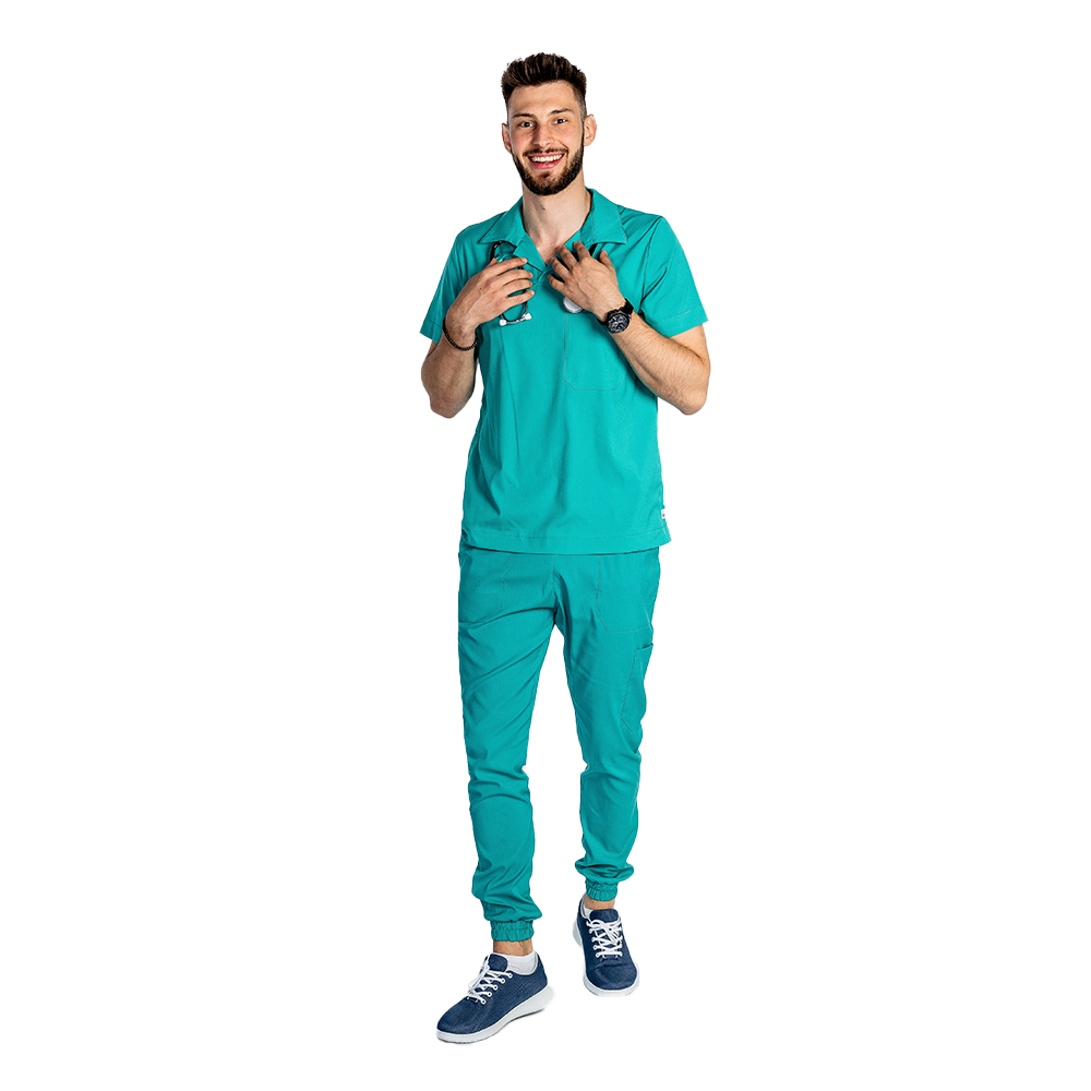 Costum medical stretch polo barbati verde turcoaz, cu bluza in V si pantaloni tip jogger, cu snur si elastic 3