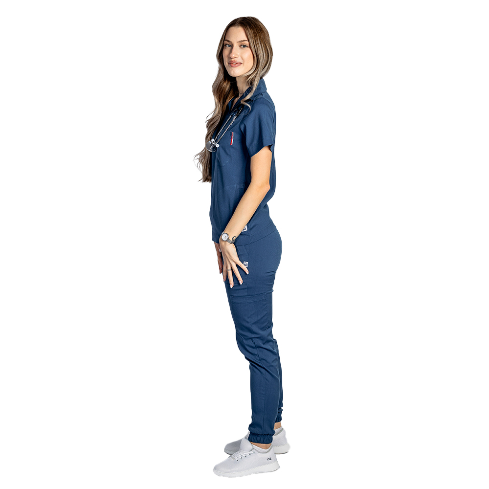 Costum medical stretch polo jeans, cu bluza in V si pantaloni tip jogger, cu snur si elastic 3