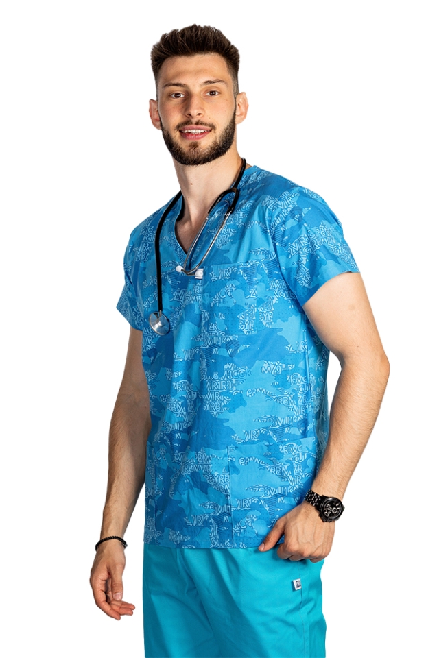OUTLET Halat medical imprimat Blue Army, model barbati, cu trei buzunare aplicate