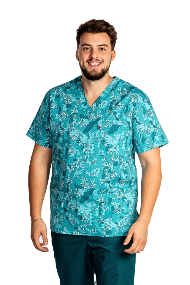 OUTLET Halat medical imprimat Green Army, model barbati, cu trei buzunare aplicate