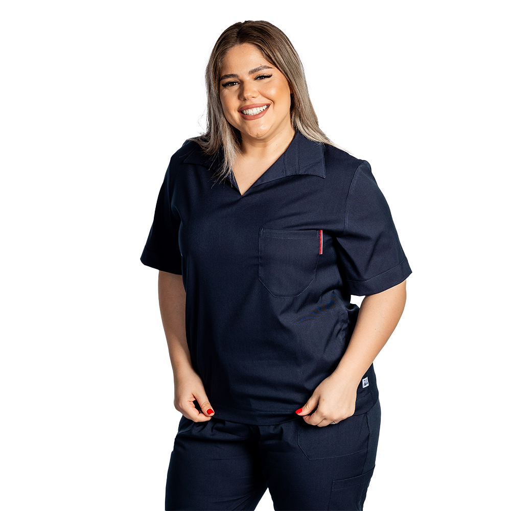 OUTLET Costum medical stretch polo bleumarin, cu bluza in V si pantaloni tip jogger, cu snur si elastic 8