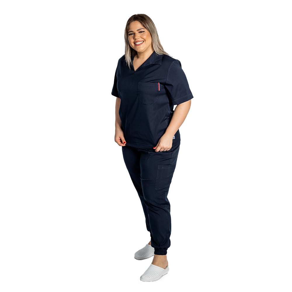 OUTLET Costum medical stretch polo bleumarin, cu bluza in V si pantaloni tip jogger, cu snur si elastic 5
