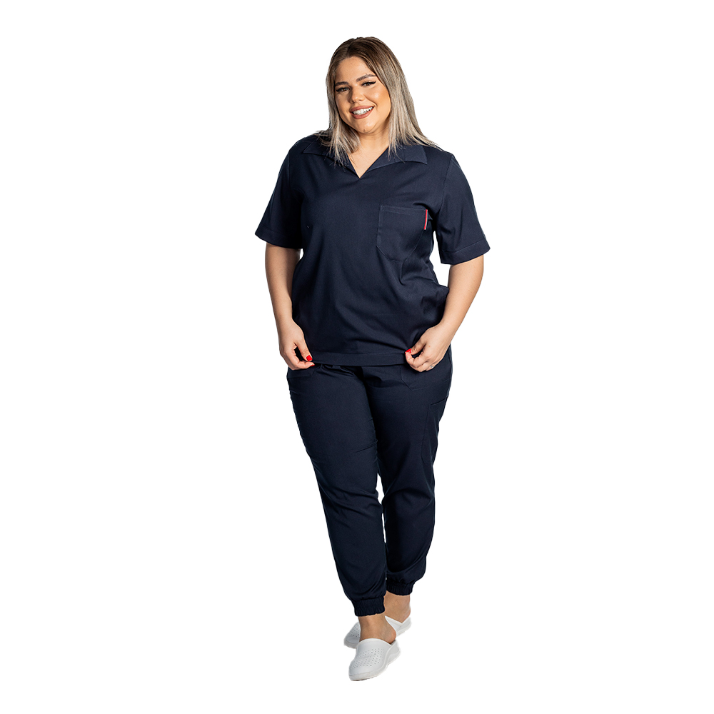 OUTLET Costum medical stretch polo bleumarin, cu bluza in V si pantaloni tip jogger, cu snur si elastic 6