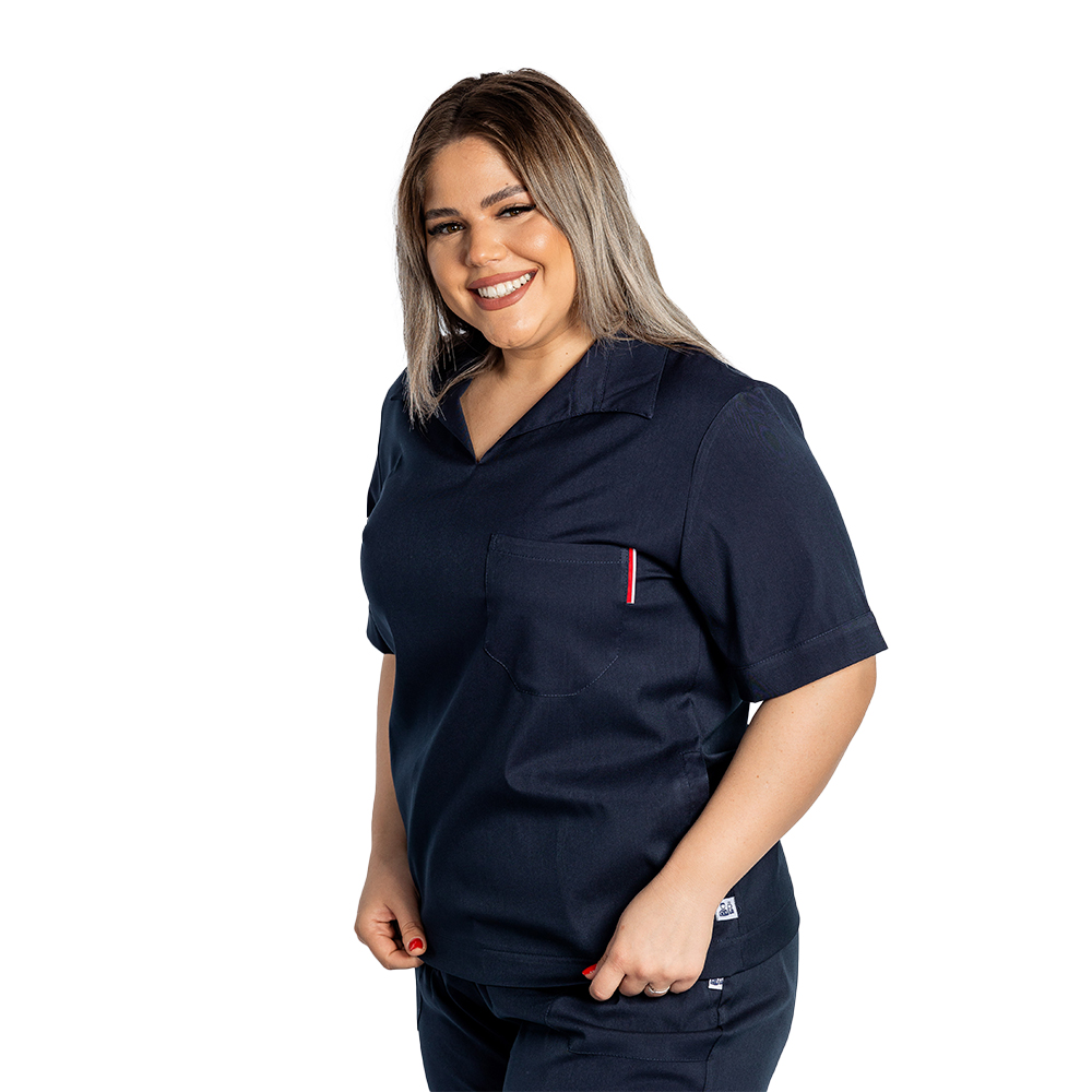 OUTLET Costum medical stretch polo bleumarin, cu bluza in V si pantaloni tip jogger, cu snur si elastic 9