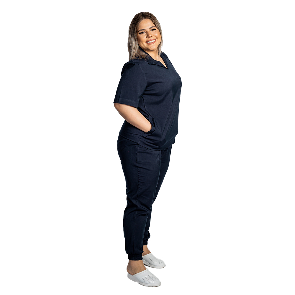 OUTLET Costum medical stretch polo bleumarin, cu bluza in V si pantaloni tip jogger, cu snur si elastic 7