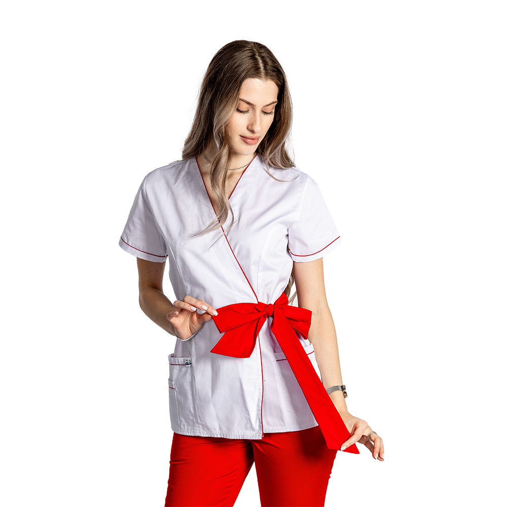 Costum medical kimono alb cu paspol rosu si cordon cu legare tip fundita  4