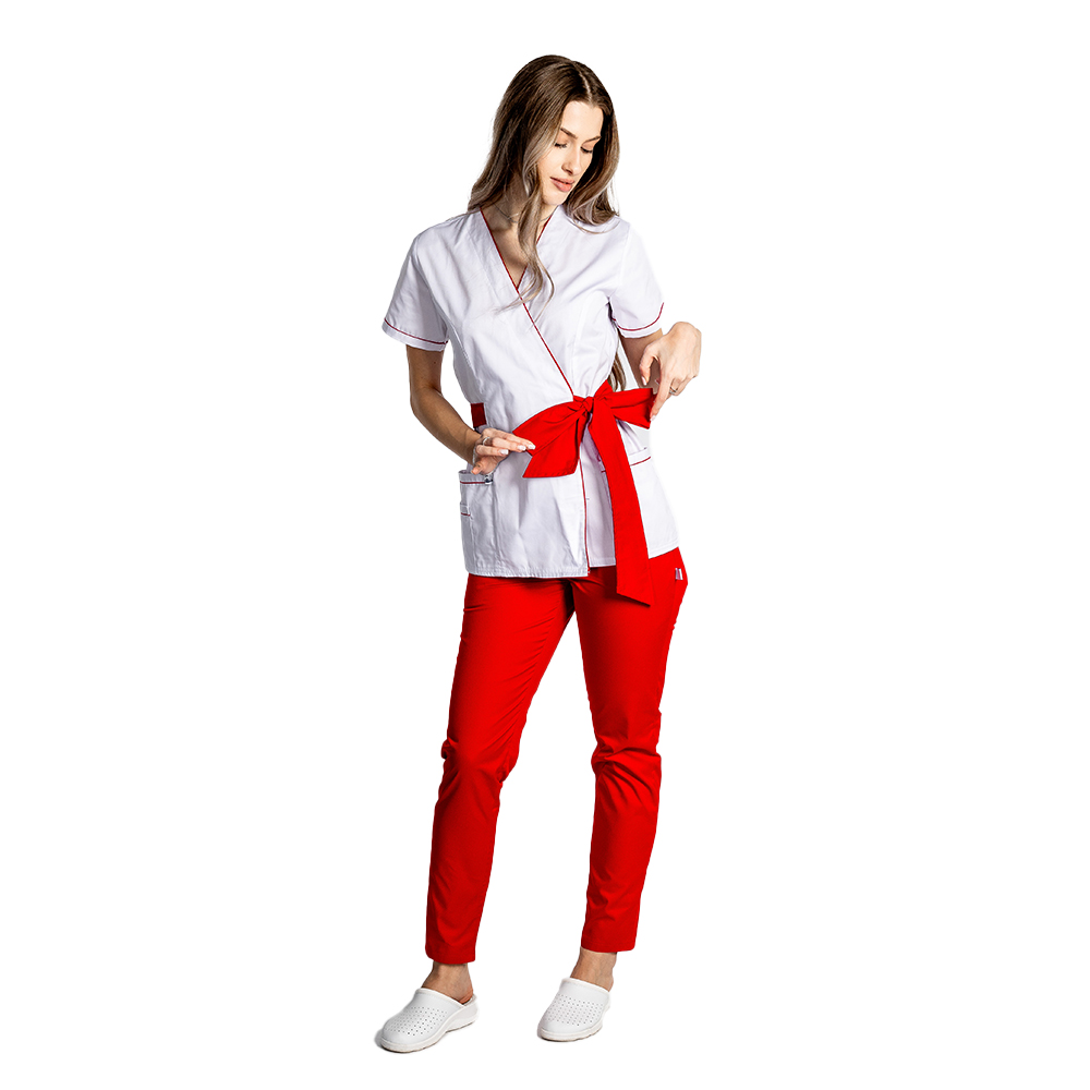 Costum medical kimono alb cu paspol rosu si cordon cu legare tip fundita  2