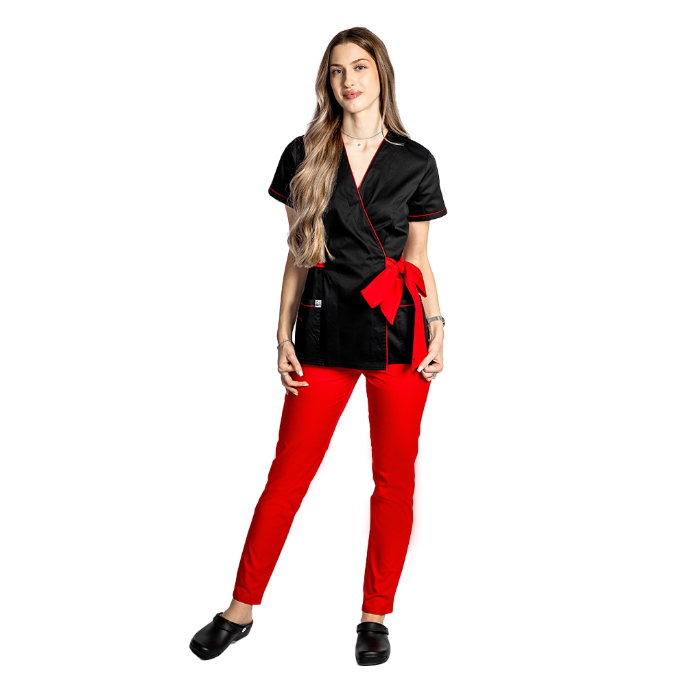 Costum medical kimono negru cu paspol rosu si cordon cu legare tip fundita  5