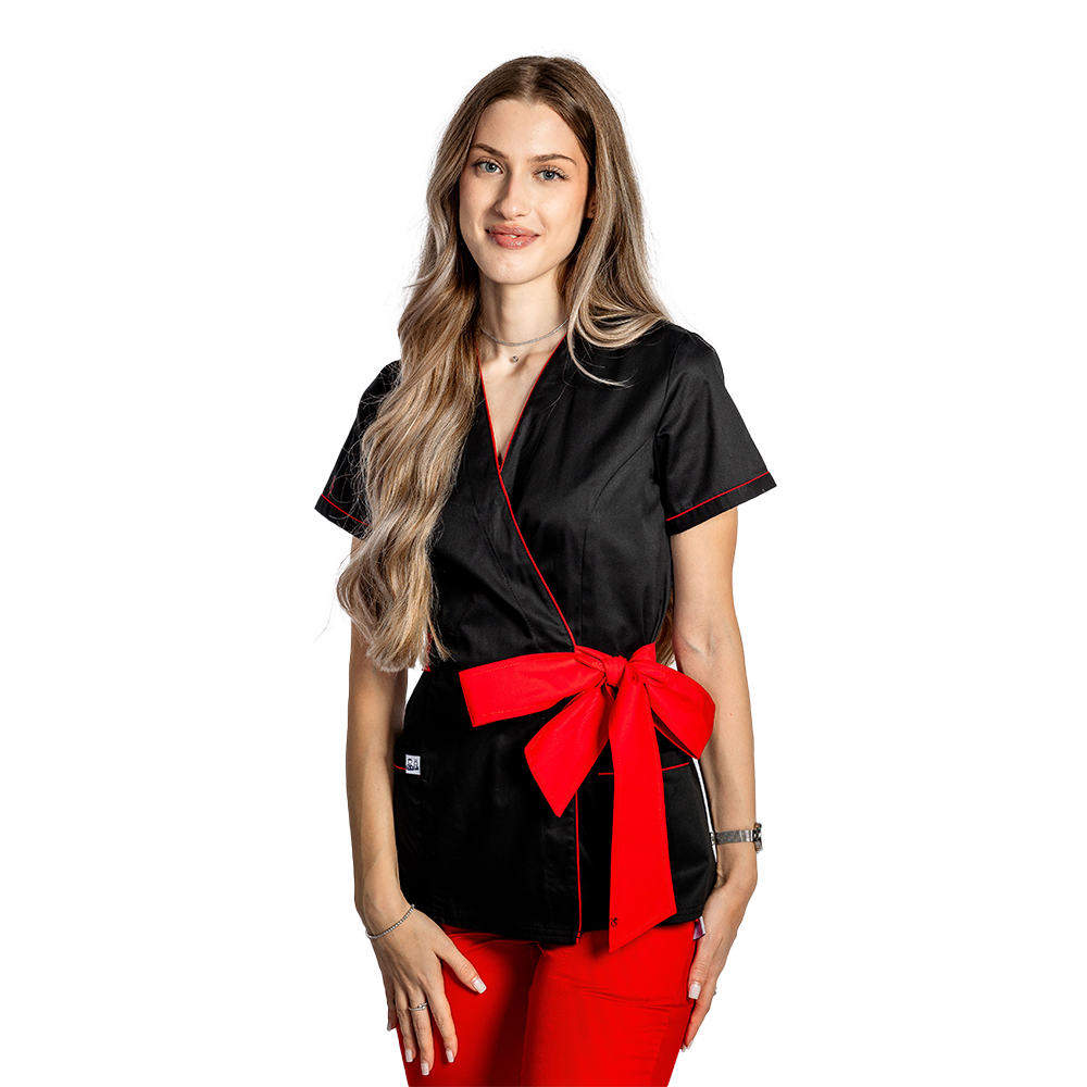 Halat medical kimono negru cu paspol rosu si cordon cu legare tip fundita 3