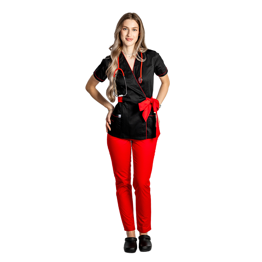 Costum medical kimono negru cu paspol rosu si cordon cu legare tip fundita  3