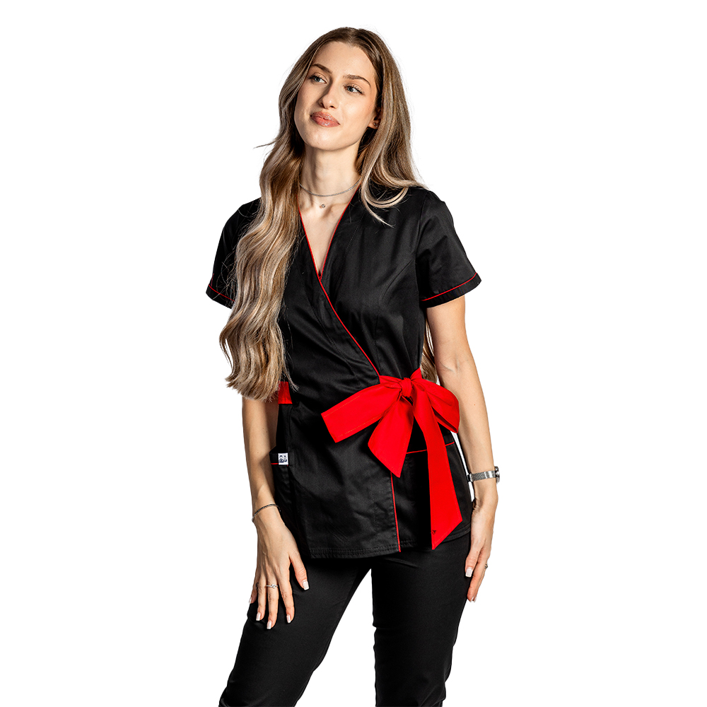 Costum medical kimono negru cu paspol rosu si cordon cu legare tip fundita  2