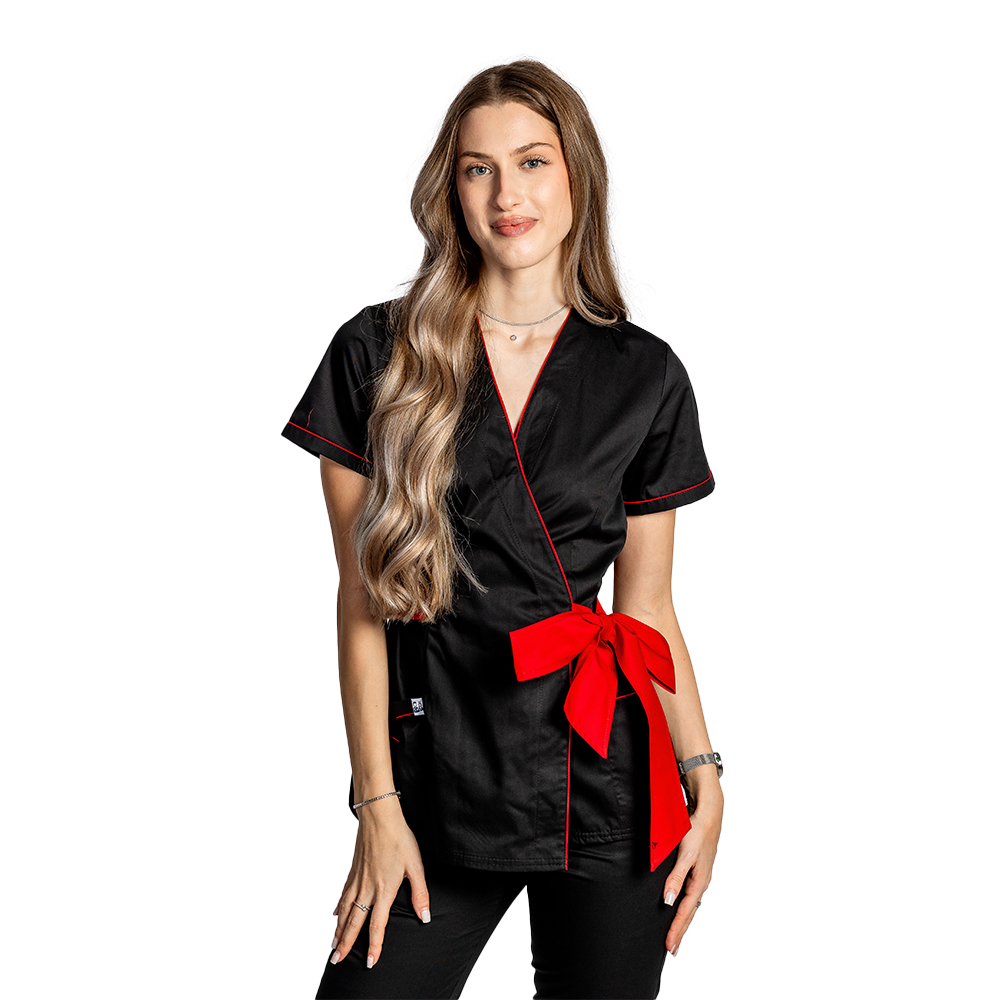 Halat medical kimono negru cu paspol rosu si cordon cu legare tip fundita 6