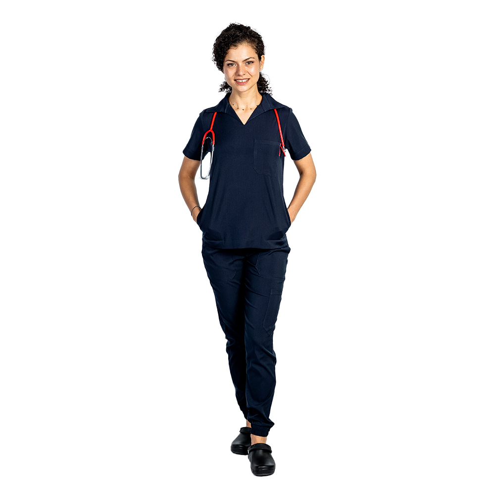 OUTLET Costum medical stretch polo bleumarin, cu bluza in V si pantaloni tip jogger, cu snur si elastic 2