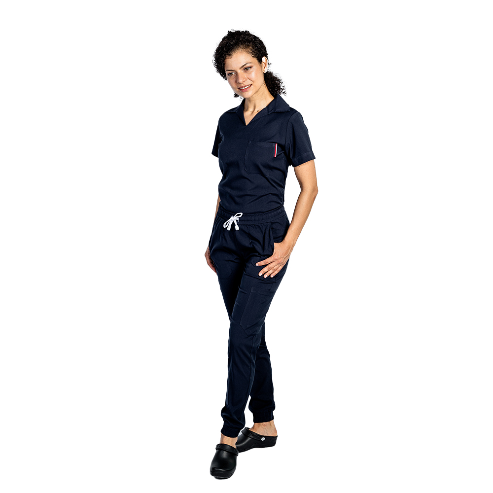 OUTLET Costum medical stretch polo bleumarin, cu bluza in V si pantaloni tip jogger, cu snur si elastic 3