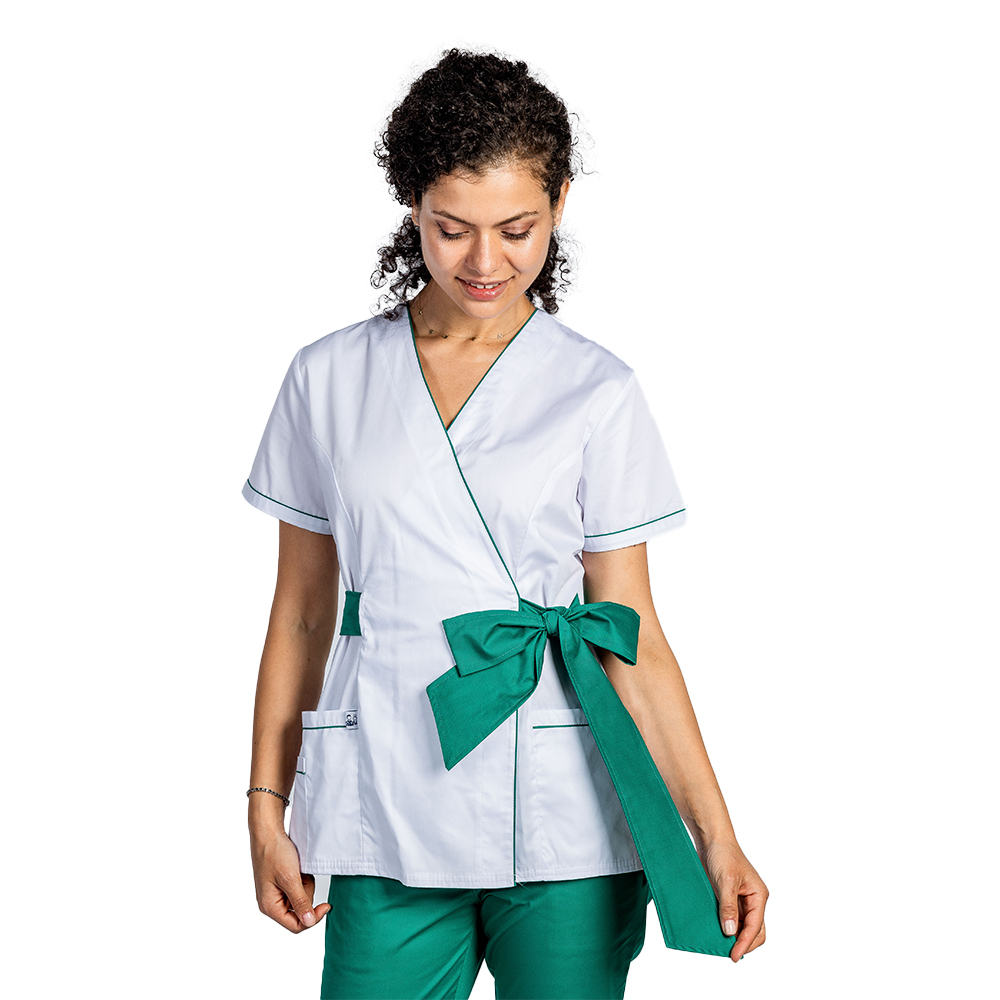 Halat medical kimono alb cu paspol verde si cordon cu legare tip fundita 3