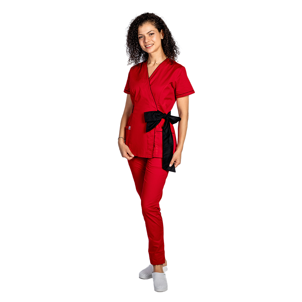 Costum medical kimono rosu cu paspol negru si cordon cu legare tip fundita  7