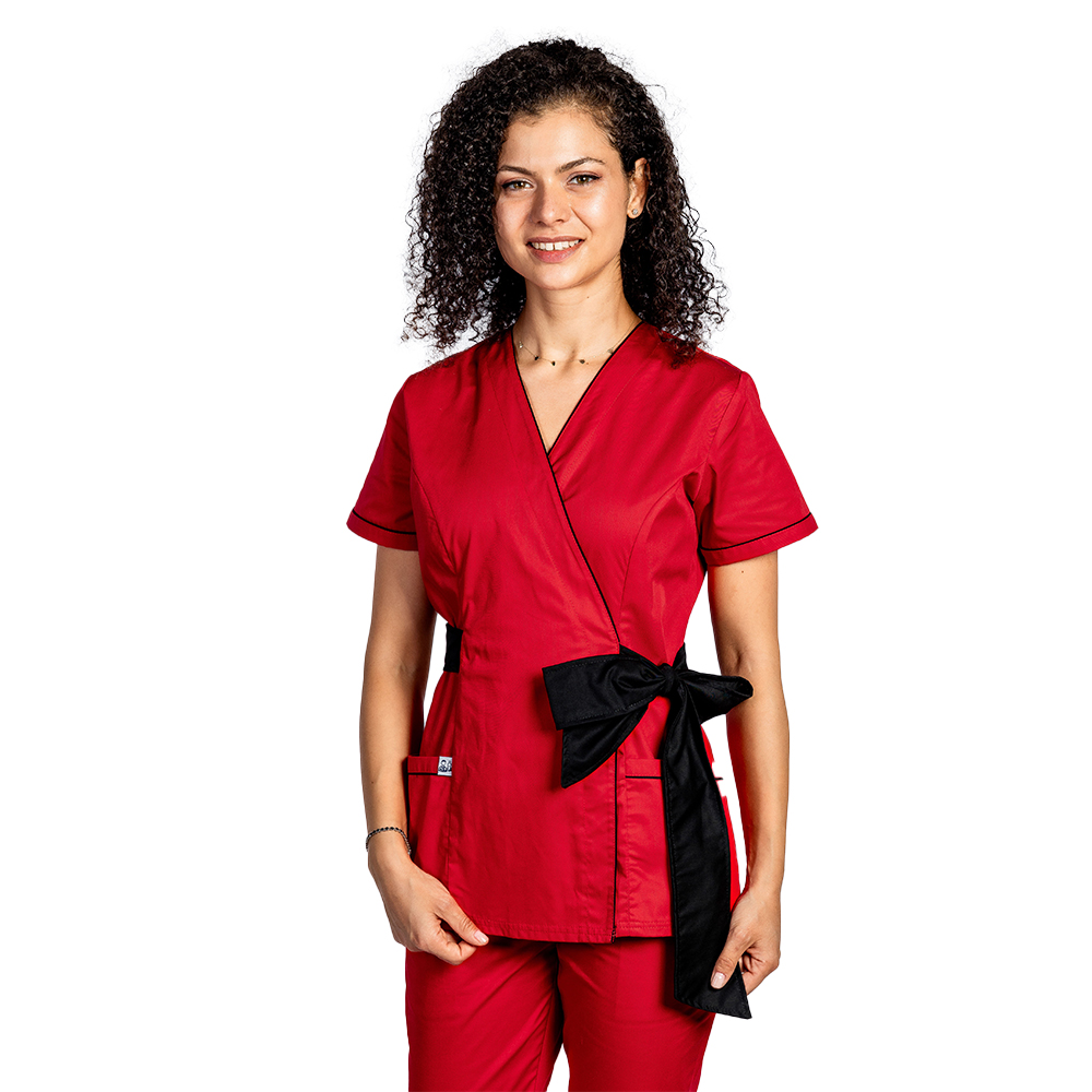 Halat medical kimono rosu cu paspol negru si cordon cu legare tip fundita 3