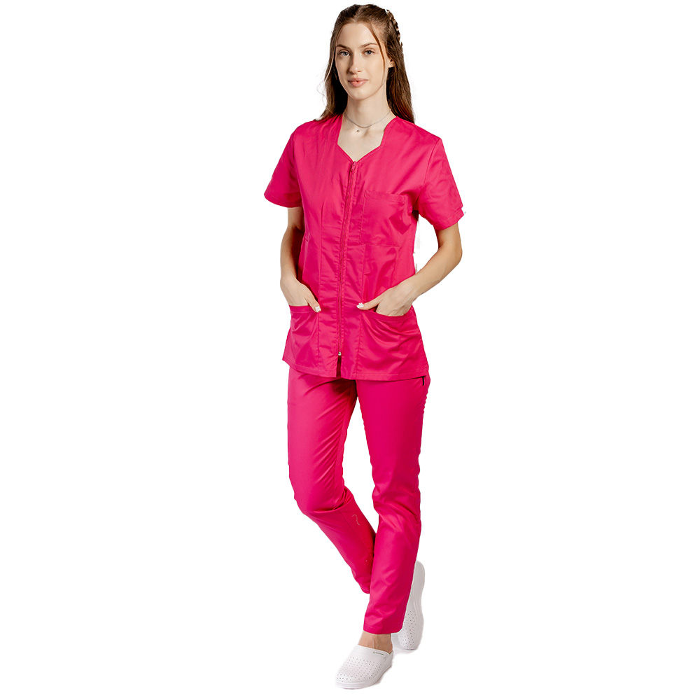 Costum medical ciclam, cu elastan, bluza cu fermoar cambrata, trei buzunare aplicate si pantaloni cu snur 3