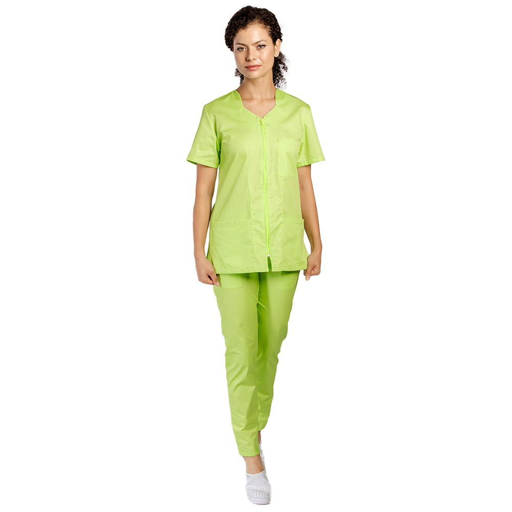 Costum medical lime cu bluza cu fermoar cambrata, trei buzunare aplicate si pantaloni lime cu elastic 2
