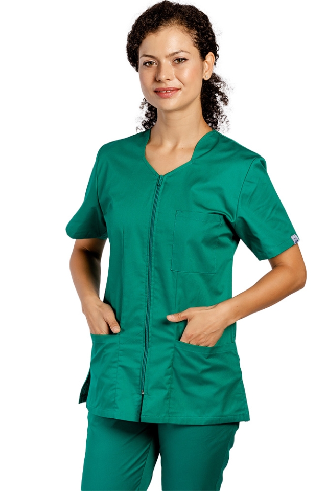 Halat medical verde, cambrat, cu fermoar si trei buzunare aplicate