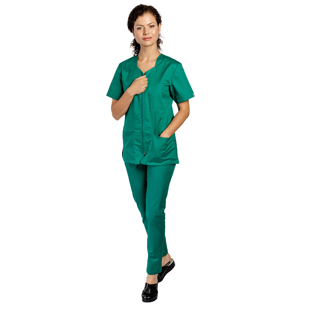 Costum medical verde, bluza cu fermoar cambrata, trei buzunare si pantaloni cu elastic 2