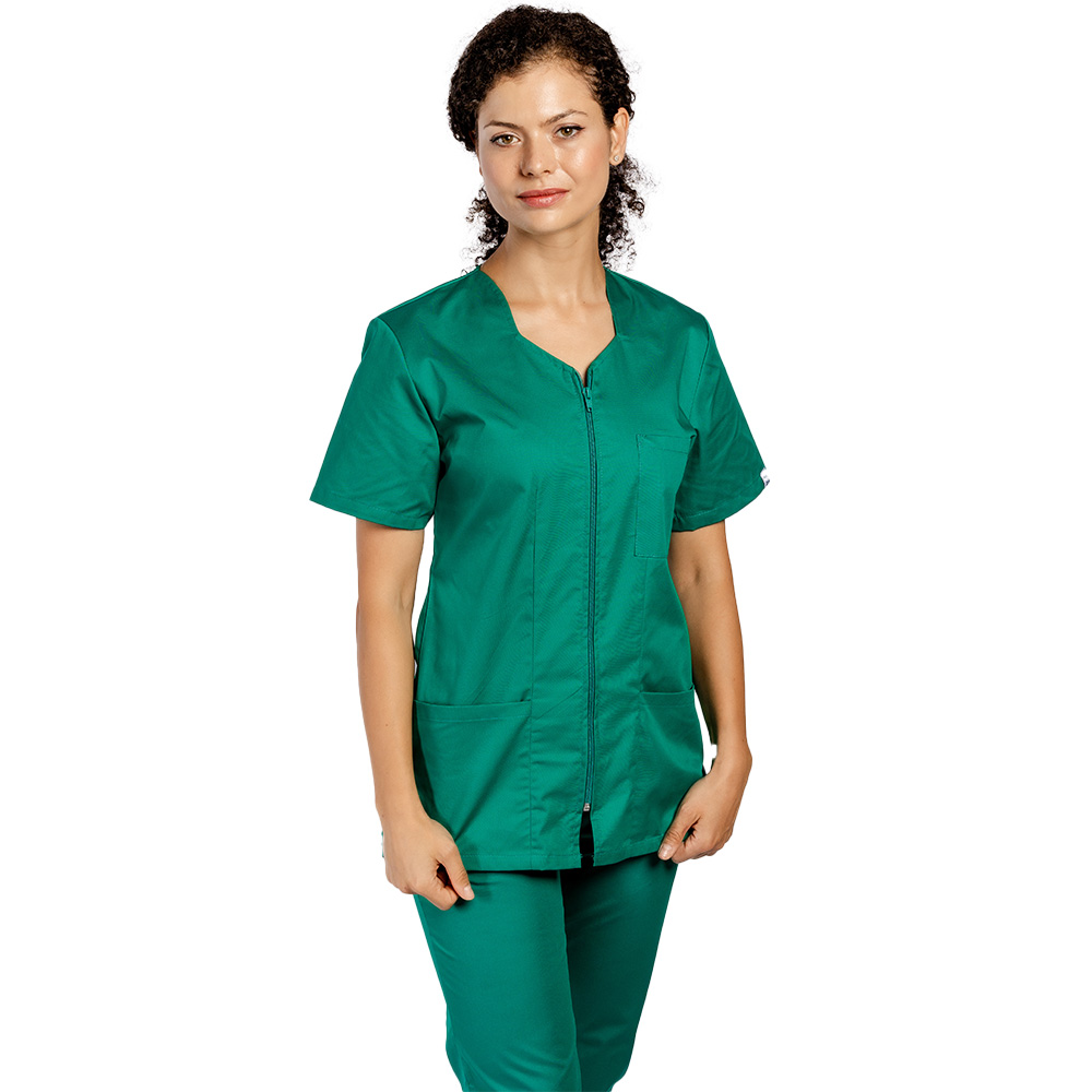 Costum medical verde, bluza cu fermoar cambrata, trei buzunare si pantaloni cu elastic 4