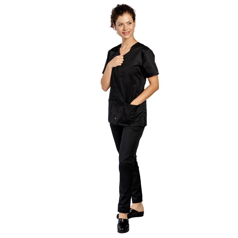 Costum medical negru, cu bluza cu fermoar, trei buzunare si pantaloni  negri  4