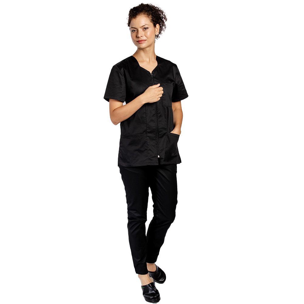 Costum medical negru, cu bluza cu fermoar, trei buzunare si pantaloni  negri  2