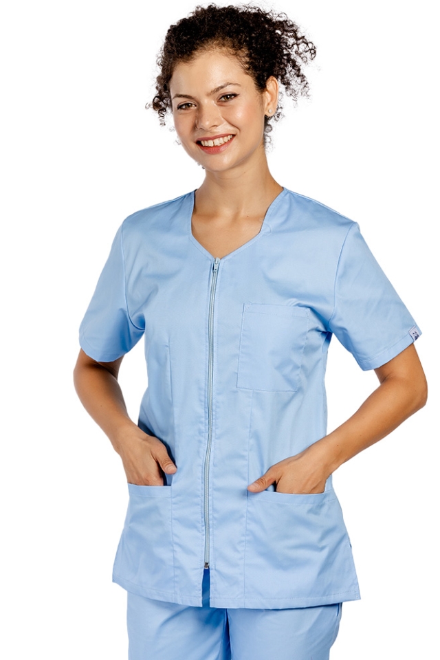 Halat medical cu elastan bleu, inchidere cu fermoar si trei buzunare aplicate