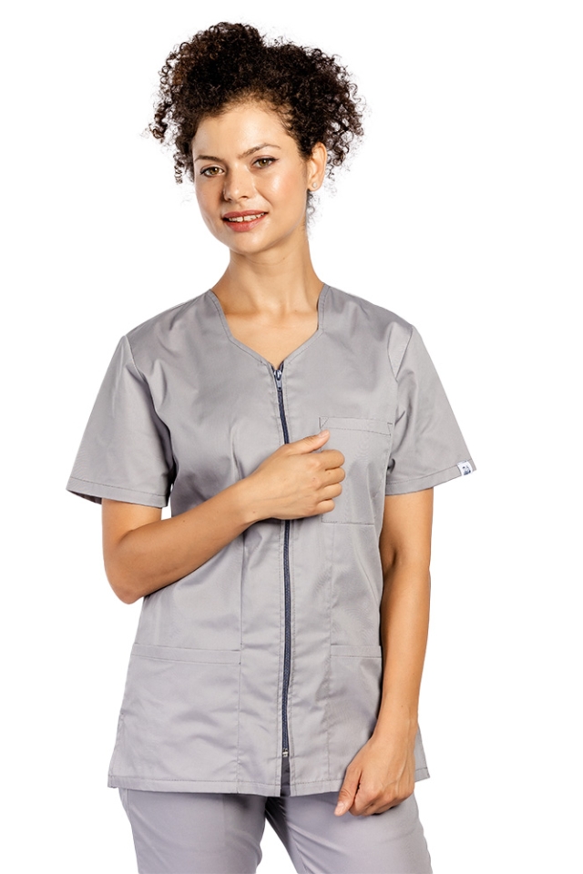 Halat medical cu elastan gri, inchidere cu fermoar si trei buzunare aplicate