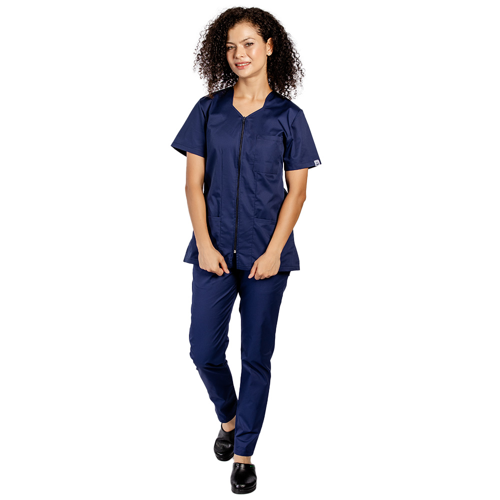 Costum medical bleumarin, bluza cu fermoar cambrata,trei buzunare si pantaloni cu elastic 2
