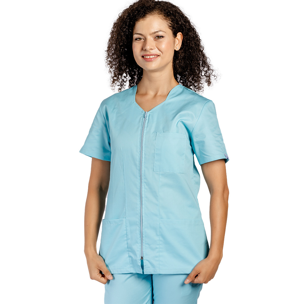 Costum medical menta, cu elastan, bluza cu fermoar cambrata, trei buzunare aplicate si pantaloni cu snur 2