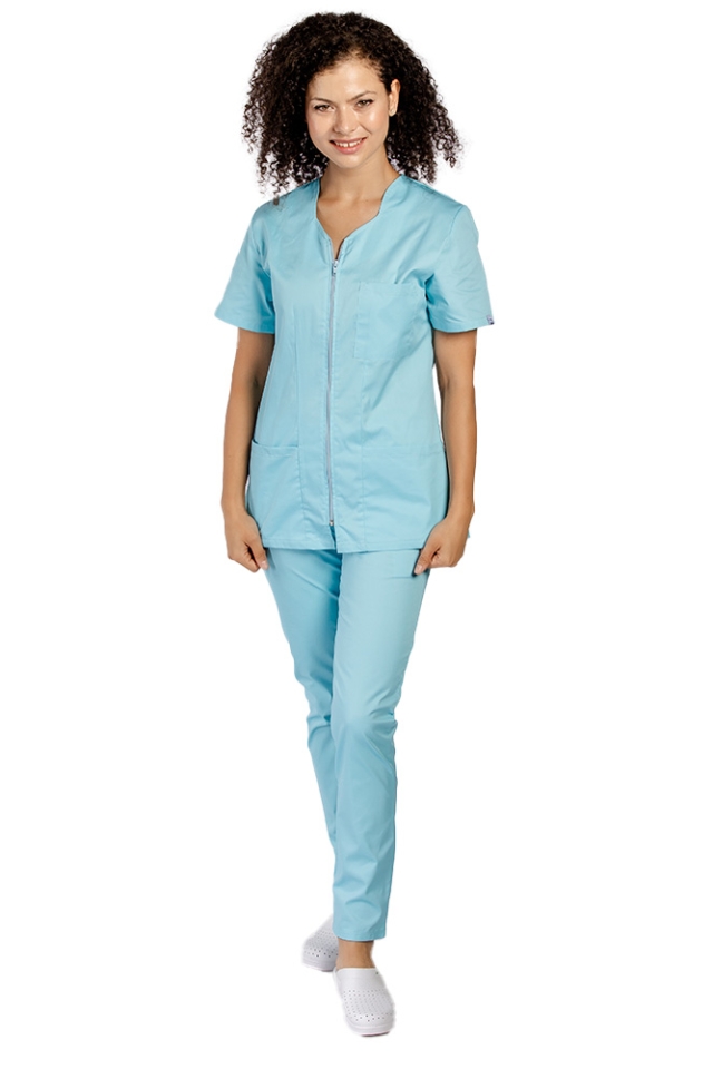Costum medical menta, cu elastan, bluza cu fermoar cambrata, trei buzunare aplicate si pantaloni cu snur