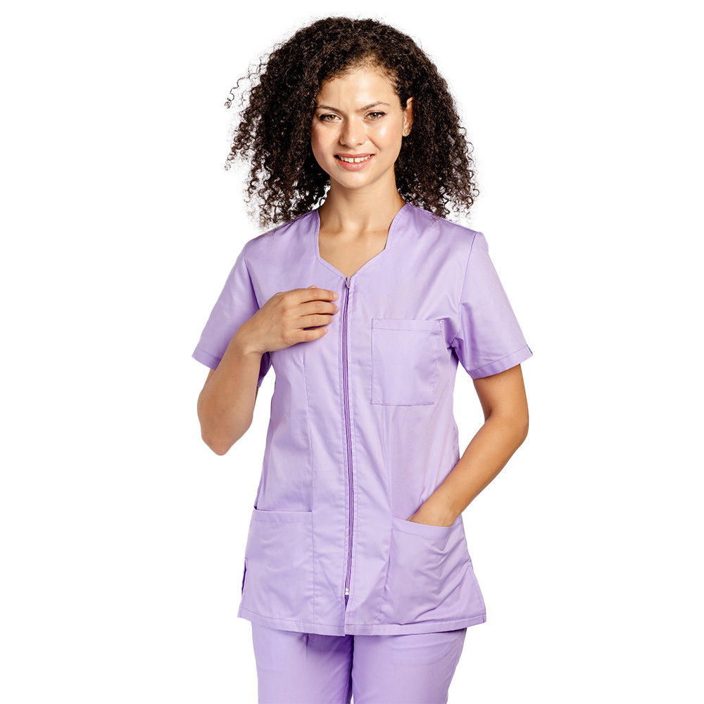 Halat medical lila, cambrat, cu fermoar si trei buzunare aplicate 4