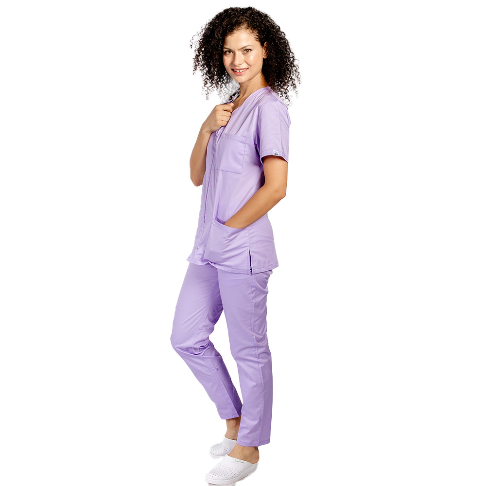 Halat medical lila, cambrat, cu fermoar si trei buzunare aplicate 3