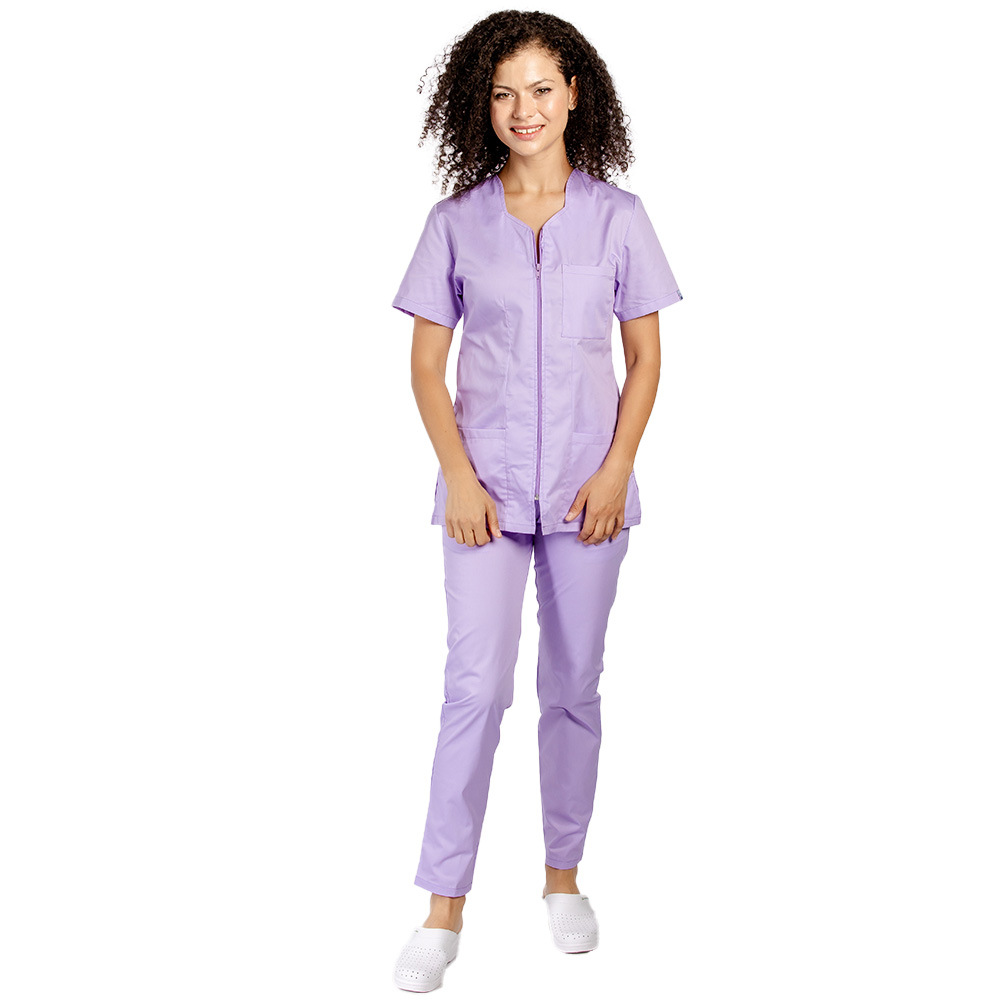 Halat medical lila, cambrat, cu fermoar si trei buzunare aplicate 2