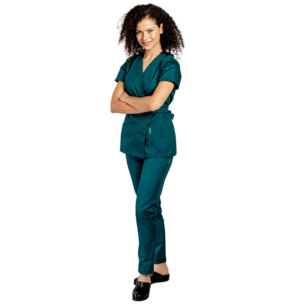 Costum medical verde tuborg, cu elastan, bluza tip kimono si pantaloni cu snur in talie 2