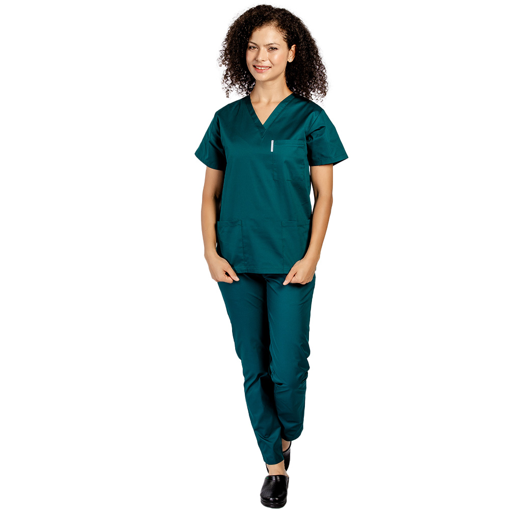 Costum medical tuborg cu elastan, dama, bluza cu anchior in forma V si pantaloni tuborg cu snur 3
